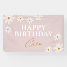 Boho Retro Pink Daisy Floral Happy Birthday Banner