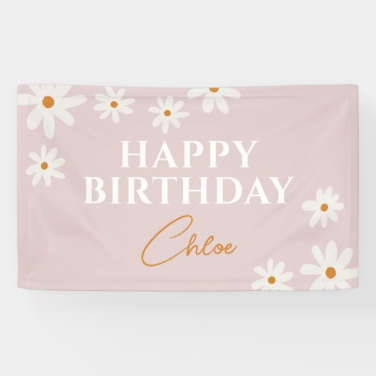 Boho Retro Pink Daisy Floral Happy Birthday Banner (Horizontal)