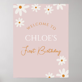 Boho Retro Pink Daisy Girl Erster Geburtstag Willk Poster