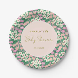 Boho Retro Pink Sage Floral Baby Dusche Pappteller