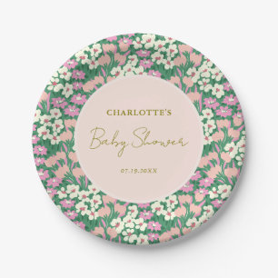 Boho Retro Pink Sage Floral Baby Dusche Pappteller