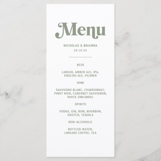 Boho Retro Sage Green Wedding Drinks Menu Menükarte (Vorderseite)