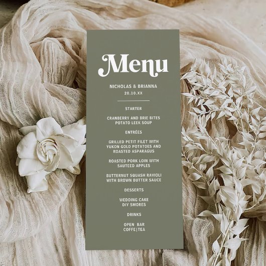 Boho Retro Sage Green Wedding Menükarte
