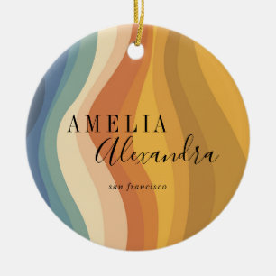 Boho Retro Schriftzug Abstrakte Wellenlinien Gelb  Keramik Ornament
