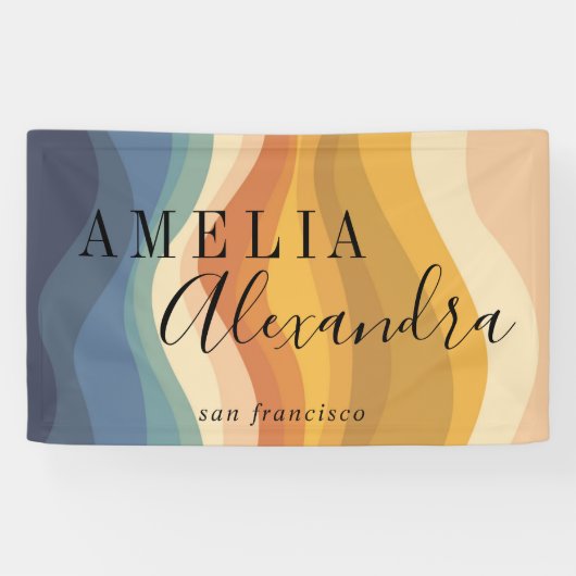 Boho Retro Script Abstrakt Wavy Lines Yellow Blue Banner (Horizontal)