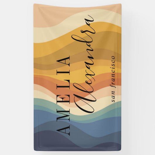 Boho Retro Script Abstrakt Wavy Lines Yellow Blue Banner (Vertikal)