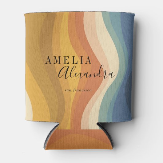 Boho Retro Script Abstrakt Wavy Lines Yellow Blue Dosenkühler (Vorderseite)