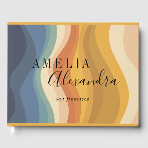 Boho Retro Script Abstrakt Wavy Lines Yellow Blue Gästebuch