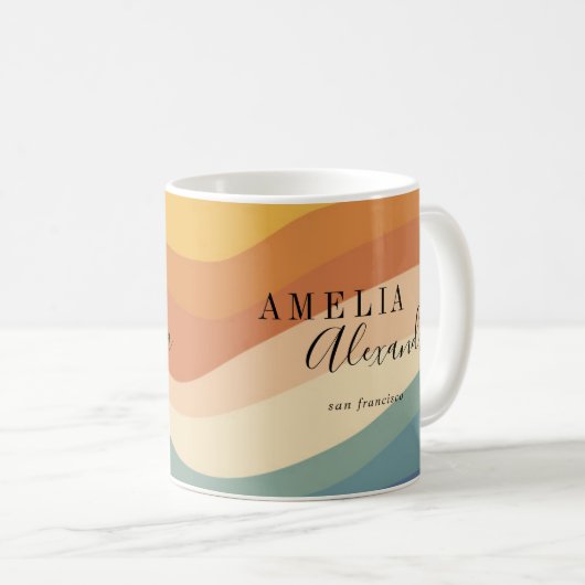 Boho Retro Script Abstrakt Wavy Lines Yellow Blue Kaffeetasse (VorderseiteRechts)