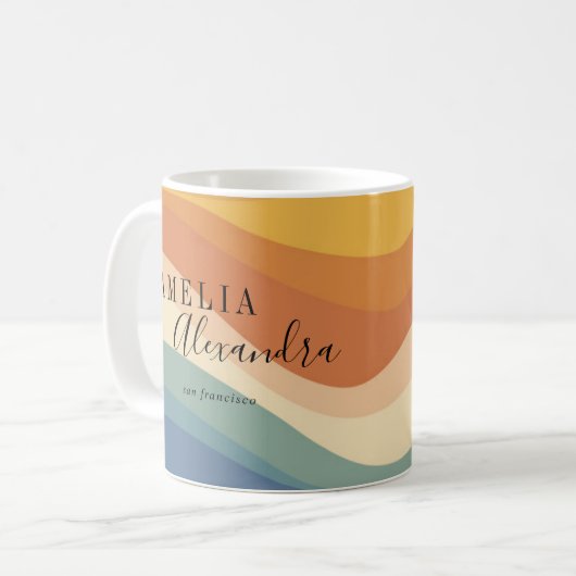 Boho Retro Script Abstrakt Wavy Lines Yellow Blue Kaffeetasse (Vorderseite Links)