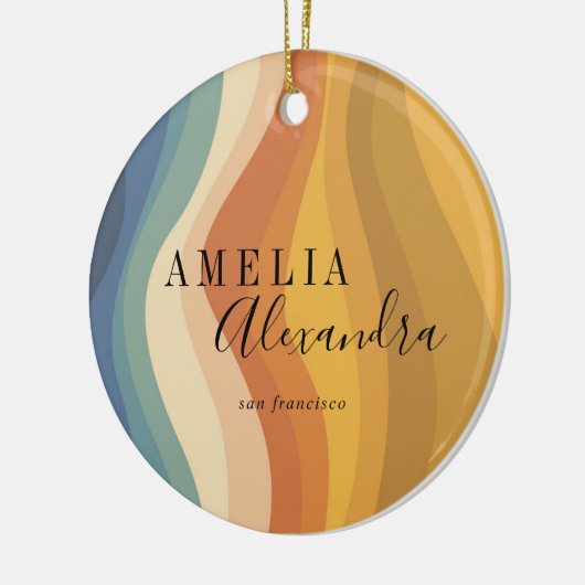 Boho Retro Script Abstrakt Wavy Lines Yellow Blue Keramik Ornament (Links)