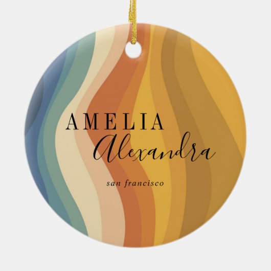 Boho Retro Script Abstrakt Wavy Lines Yellow Blue Keramik Ornament (Hinten)