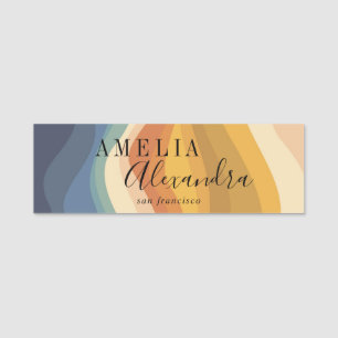 Boho Retro Script Abstrakt Wavy Lines Yellow Blue Namensschild
