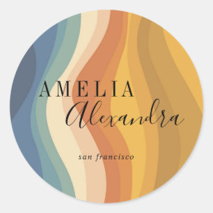 Boho Retro Script Abstrakt Wavy Lines Yellow Blue Runder Aufkleber