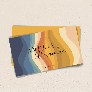 Boho Retro Script Abstrakt Wavy Lines Yellow Blue Visitenkarte