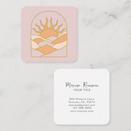 Boho Retro Sunrise Mountains Quadratische Visitenkarte (Vorne/Hinten)