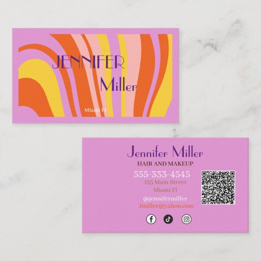 Boho Retro Wavy Lines Social Media QR-Code Visitenkarte (Vorne/Hinten)