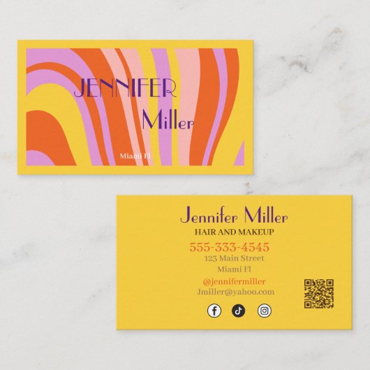 Boho Retro Wavy Lines Social Media QR-Code Visitenkarte (Vorne/Hinten)