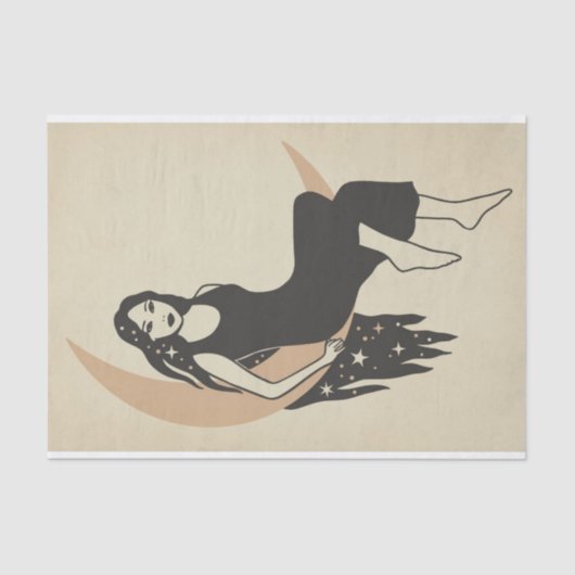 Boho retro woman sternt langen haarfreszenten Mond Seidenpapier (Vorderseite)