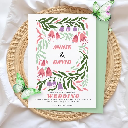 Boho Retro-Zweige und Blume QR-Code Hochzeit Einladung