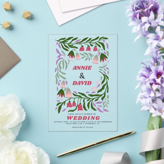 Boho Retro Zweige und Folklore Blume Hochzeit Acryleinladungen (In Situ (Hochzeit))