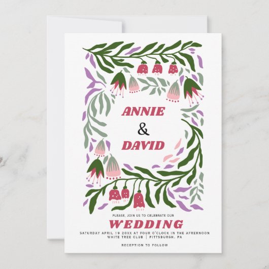 Boho Retro Zweige und Folklore Blume Hochzeit Einladung (Vorderseite)