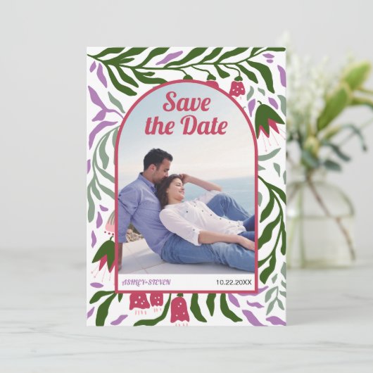 Boho Retrobogen bunt Folklore Blume magenta Save The Date (Stehend Vorderseite)