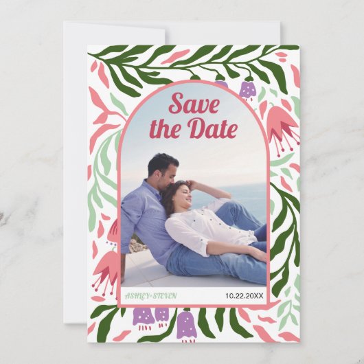 Boho Retrobogen bunt Folklore Blume Save The Date (Vorderseite)