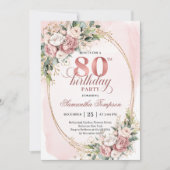 Boho Romantic Blush Pink Floral Gold 80th Birthday Einladung (Vorderseite)
