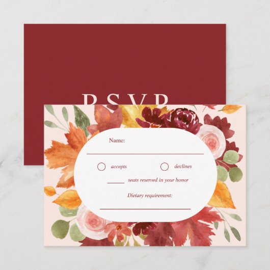 Boho Romantic Floral Burgundy Hochzeit im Herbst RSVP Karte (Vorne/Hinten)