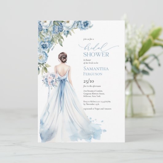 Boho Romantic Peonies staubiges blaues Brautparty Einladung (Stehend Vorderseite)