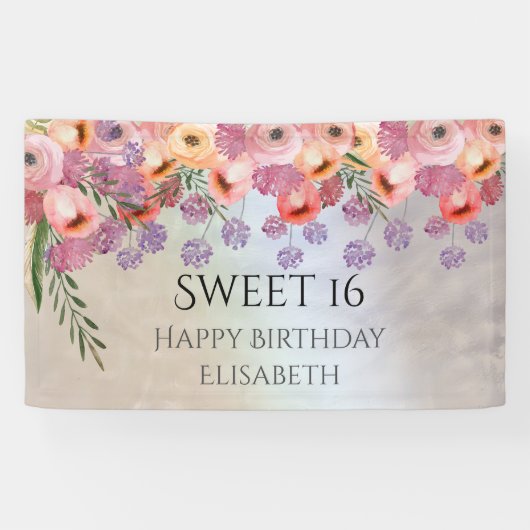 Boho romantische Aquarell Blütensüß 16 Party Banner (Horizontal)