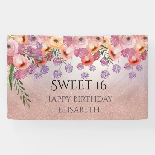 Boho romantische Aquarellfarben Blütensüß 16 Party Banner (Horizontal)