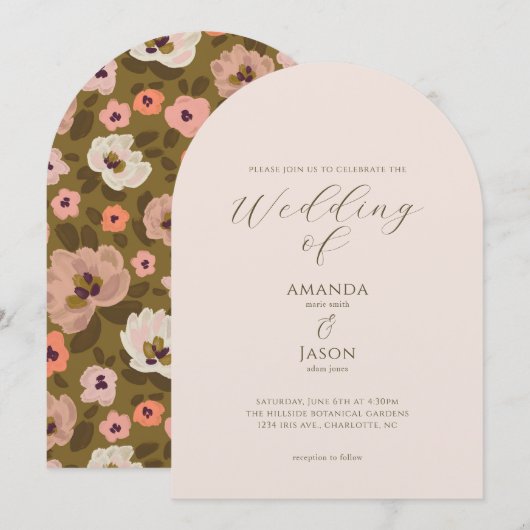 Boho-romantische, gemalte, florale Gartenhochzeit Einladung (Vorne/Hinten)