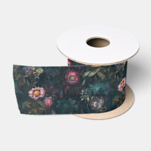 Boho Romantisches Rosa & Grünes Blumenmuster Dunkl Satinband