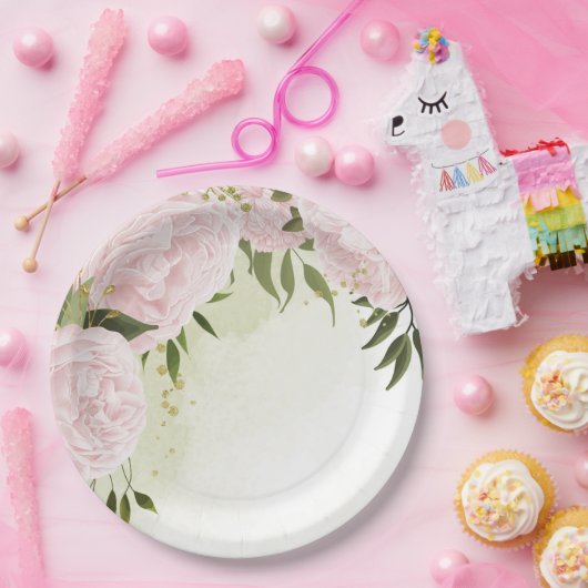 Boho rosa Blume Grüne Blätter botanisch Pappteller (Party)