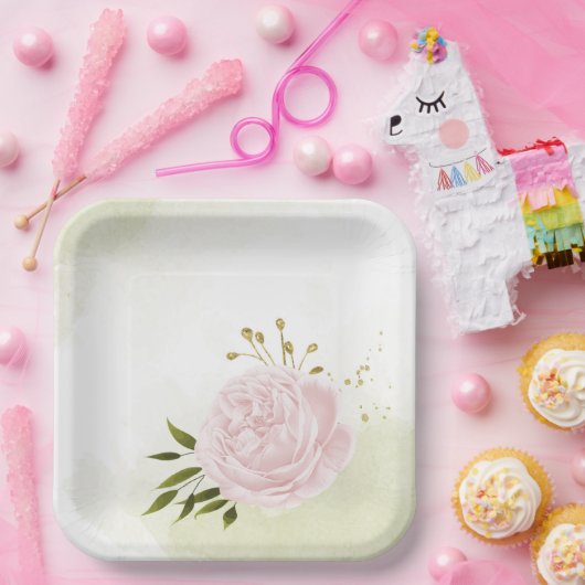 Boho rosa Blume Grüne Blätter botanisch Pappteller (Party)