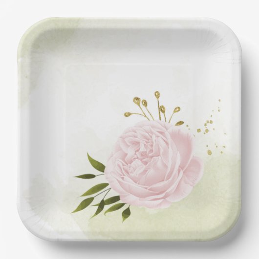 Boho rosa Blume Grüne Blätter botanisch Pappteller (Vorderseite)