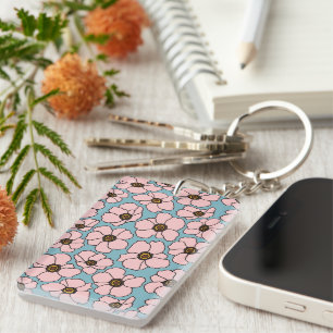 Boho rosa Blumen auf Blau Schlüsselanhänger