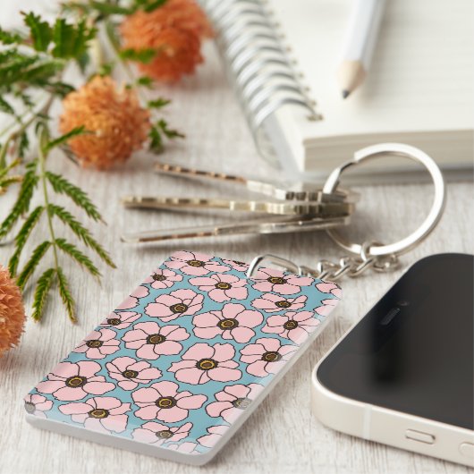 Boho rosa Blumen auf Blau Schlüsselanhänger (Vorderseite rechts)