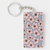 Boho rosa Blumen auf Blau Schlüsselanhänger (Vorderseite)
