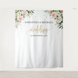 Boho-Rosa-Blumen-Gold-Grün-Hochzeitskulisse Wandteppich