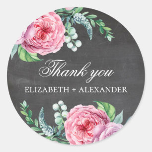 Boho rosa Blumen. Schiefertafel Hochzeit Danke Runder Aufkleber