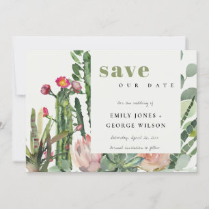 BOHO ROSA BLÜTEN WÜSTENKAKTUS BLATTWERK WATERCOLOR SAVE THE DATE