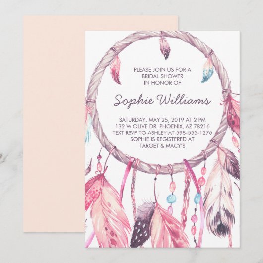 Boho rosa Dreamcatcher Brautparty Einladung (Vorne/Hinten)