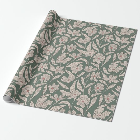 Boho Rosa & Dunkelgrün Handgezeichnetes Blumenmust Geschenkpapier (Ungerollt)