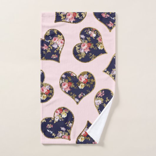 Boho rosa Marineblau Goldmedaille Blütenherzen Badhandtuch Set (Handtuch)