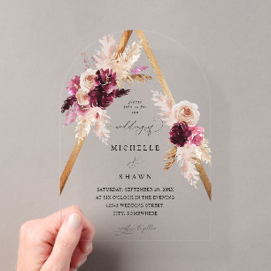 Boho Rosa Rahmen Pampasgras Florale Hochzeitsarchi Acryleinladungen