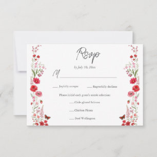 Boho-Rosa- und rote Wildblumen-Hochzeitsmenüwahl RSVP Karte