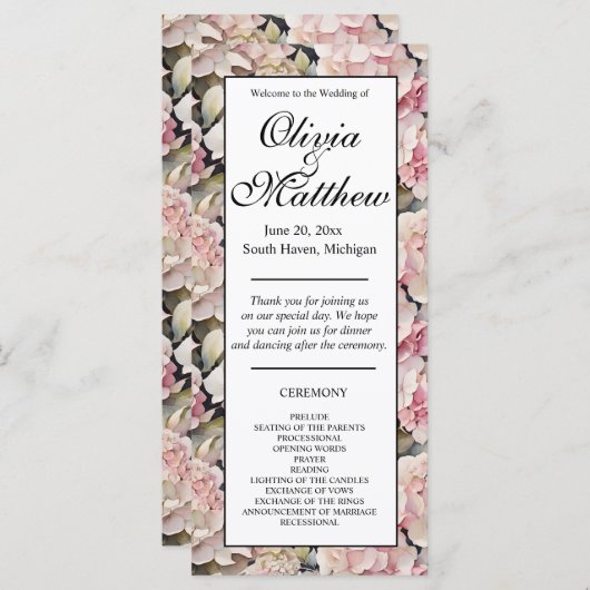 Boho rosa Wasserfarbe Hydrangeas Hochzeitsprogramm (Vorne/Hinten)